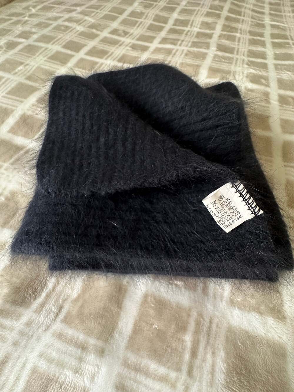 Black Angora Wool Blend Knit Scarf Soft Winter Wrap One Size Flawed